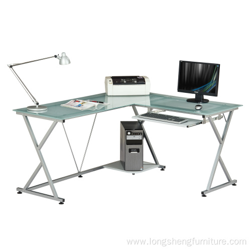 White-black L-shape office glass desktop computer desk